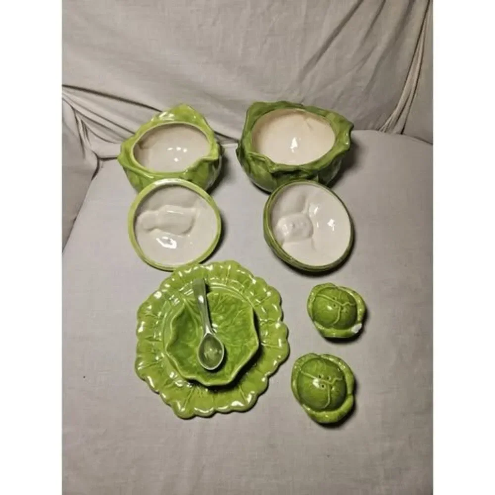 Vintage 1956 Holland Mold 9 Peice Green Cabbage Lettuce Ware Set 2 Tureen Spoon